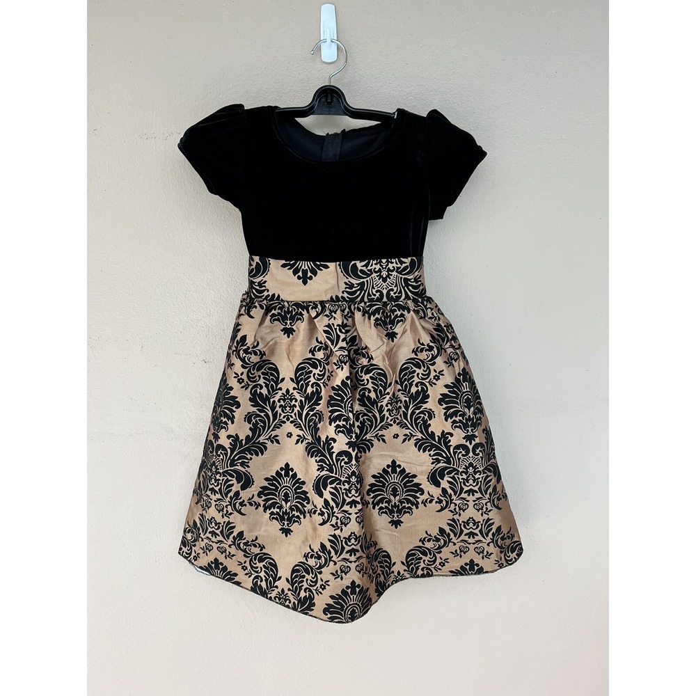 Girls Black Velvet Gold Damask Holiday Party Dress Short Sleeve Sash Size 6